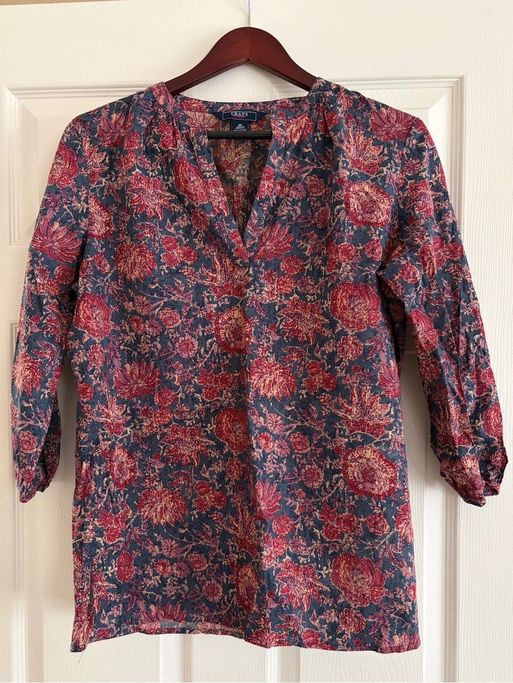 Chaps Denim Navy Floral Split V-Neck Tunic